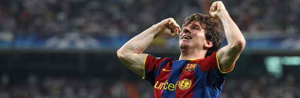 MADRID, SPAIN - APRIL 27: Lionel Messi of Barcelona celebrates after scoring his first goal during the UEFA Champions League Semi Final first leg match between Real Madrid and Barcelona at Estadio Santiago Bernabeu on April 27, 2011 in Madrid, Spain. (Photo by Alex Livesey/Getty Images) *** Local Caption *** Lionel Messi;