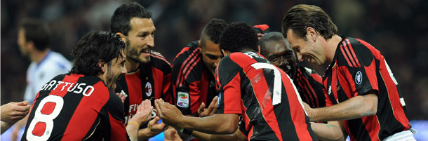 MILAN, ITALY - APRIL 16: Antonio Cassano (R) of AC Milan celebrates with his team mates after scoring a goal during the Serie A match between AC Milan and UC Sampdoria at Stadio Giuseppe Meazza on April 16, 2011 in Milan, Italy. (Photo by Valerio Pennicino/Getty Images) *** Local Caption *** Antonio Cassano