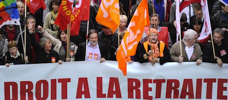 People demonstrate on November 6, 2010 in Lyon, southeastern France, as part of the eighth national day of protest against French government pensions reform. Parliament has already passed the fiercely contested law increasing the pension age from 60 to 62, and French trade unions are no longer united in calling for more street protests, after the eight day of protest action since September. AFP PHOTO/PHILIPPE DESMAZES (Photo credit should read PHILIPPE DESMAZES/AFP/Getty Images)