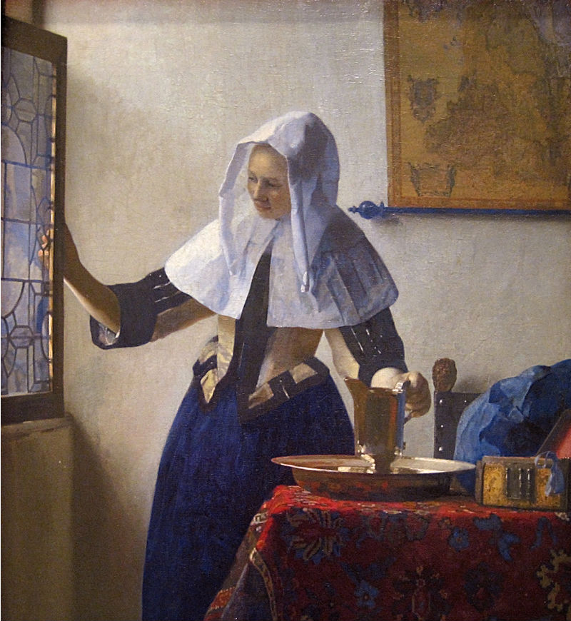 Johannes Vermeer, "Donna con brocca d'acqua", 1664 circa. Il quadro era attribuito a Metsu ancora nella seconda metà dell'Ottocento.