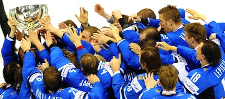 Finland's Players celebrate after winning gold medal in their IIHF Ice Hockey World Championship final match between Sweden and Finland in Bratislava city on May 15, 2011. AFP PHOTO / JOE KLAMAR (Photo credit should read JOE KLAMAR/AFP/Getty Images)