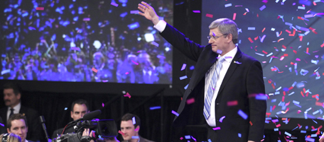 CALGARY, CANADA - MAY 2: Prime Minister Stephen Harper celebrates his majority government win in the federal election, May 2, 2011 in Calgary, Canada. Harper's conservatives rose to a majority government, while the New Democratic Party seized the official opposition. (Photo by Mike Ridewood/Getty Images) *** Local Caption *** Stephen Harper;