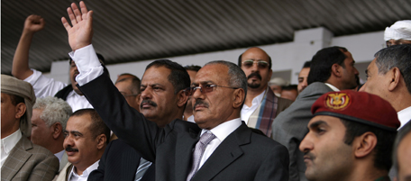 Yemeni President Ali Abdullah Saleh attends a rally in Sanaa on April 29, 2011, as tens of thousands of protesters staged rival demonstrations in the Yemeni capital amid tight security, in another Friday show of strength between President Ali Abdullah Saleh's foes and his supporters.
AFP PHOTO MOHAMMED HUWAIS (Photo credit should read MOHAMMED HUWAIS/AFP/Getty Images)