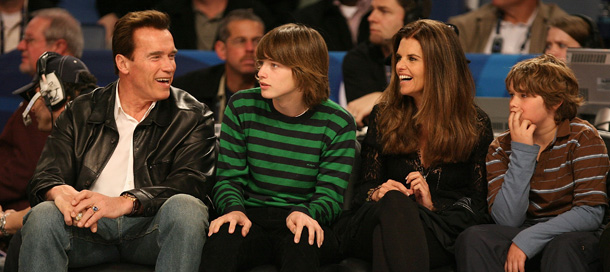 NEW ORLEANS - FEBRUARY 16: (LtoR) California governor Arnold Schwarzenegger with son Patrick Schwarzenegger, Maria Shriver and Christopher Schwarzenegger watch during NBA All-Star Saturday Night part of 2008 NBA All-Star Weekend at the New Orleans Arena on February 16, 2008 in New Orleans, Louisiana. (Photo by Bryan Bedder/Getty Images)