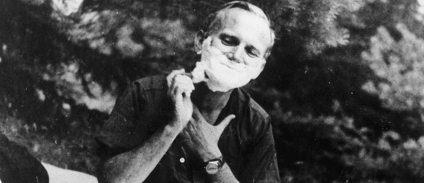The young Karol Josef Wojtyla of Poland, the future Pope John Paul II, shaves in the open air, circa 1960. (Photo by Keystone/Getty Images)