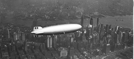 The German zeppelin Hindenburg flies over Manhattan on May 6, 1937. A few hours later, the ship burst into flames in an attempt to land at Lakehurst, N.J. (AP Photo)