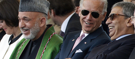 From left, Afghan President Hamid Karzai, US Vice President Joe Biden and Arab League chief Amr Moussa follow the celebrations marking the birth of Italy's modern nation 150 years ago, in Rome, Thursday, June 2, 2011. (AP Photo/Andrew Medichini)