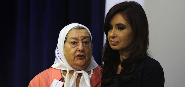 Argentina's President Cristina Fernandez de Kirchner (R) gives the Bicentenary award for Hebe de Bonafini, president of the Human Rights organization Madres de Plaza at the presidental palace during the celebration of the International Human Rights Day in Buenos Aires on December 10, 2010. AFP PHOTO / JUAN MABROMATA (Photo credit should read JUAN MABROMATA/AFP/Getty Images)