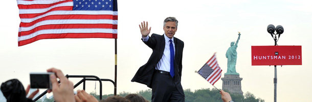 Former Utah Governor, Republican Jon Huntsman takes the stage just before he announces that he will run for the US presidency June 21, 2011 at Liberty State Park in Jersey City, New Jersey. AFP PHOTO/Stan HONDA (Photo credit should read STAN HONDA/AFP/Getty Images)