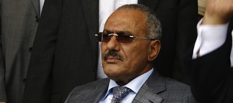 Yemeni Pesident Ali Abdullah Saleh attends a rally in his support in Sanaa on April 8, 2011. The embattled president Ali Abdullah Saleh rejected an exit plan by Gulf states trying to broker an end to bloody unrest, as tens of thousands of Yemenis massed on Friday for pro- and anti-regime protests. AFP PHOTO/MOHAMMED HUWAIS (Photo credit should read MOHAMMED HUWAIS/AFP/Getty Images)