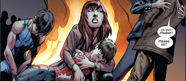 This image provided by Marvel Comics shows a panel from "Ultimate Comics Spider-Man" No. 160, available in comic book shops on Wednesday, June 22, 2011. In the issue, written by Brian Michael Bendis and drawn by Mark Bagley, Peter Parker, aka Spider-Man, will be felled by one of his biggest foes, and die as the series concludes its nearly 11-year run. But fans of Spidey need not worry too much because Ultimate Spider-Man is a separate imprint from Marvel's ongoing adventures of "Amazing Spider-Man" who is still alive, slinging webs and crawling on walls. (AP Photo/Marvel Comics)