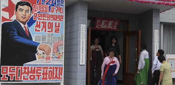 Voters coming and going at the entrance to a polling station in Pyongyang, as North Korea held elections for provincial, city, and county peopleâs assemblies Sunday, July 24, 2011 (AP Photo/APTN)
