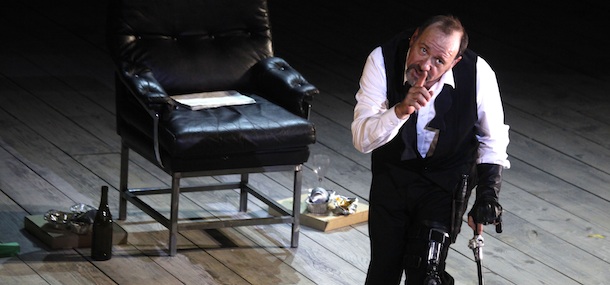 Hollywood star Kevin Spacey performs during the rehearsal of Richard III at the ancient Greek theater of Epidaurus early Friday July 29, 2011. (AP Photo/Dimitri Messinis)