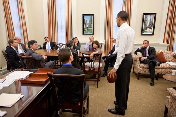President Barack Obama stops by a meeting in Chief of Staff Bill Daley's office in the West Wing of the White House, April 8, 2011. (Official White House Photo by Pete Souza)

This official White House photograph is being made available only for publication by news organizations and/or for personal use printing by the subject(s) of the photograph. The photograph may not be manipulated in any way and may not be used in commercial or political materials, advertisements, emails, products, promotions that in any way suggests approval or endorsement of the President, the First Family, or the White House.