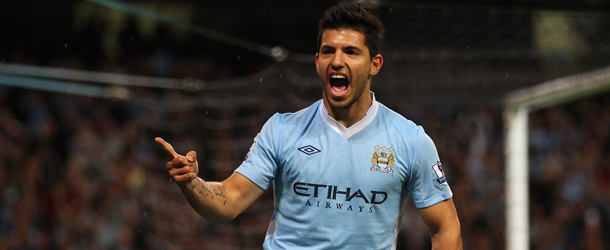 MANCHESTER, ENGLAND - AUGUST 15: Sergio Aguero of Manchester City celebrates after scoring the second goal during the Barclays Premier League match between Manchester City and Swansea City at Etihad Stadium on August 15, 2011 in Manchester, England. (Photo by Alex Livesey/Getty Images)