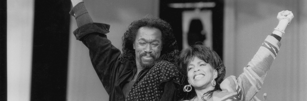 Soul duo Ashford And Simpson on stage at Wembley, London, circa 1984. (Photo by Dave Hogan/Hulton Archive/Getty Images)