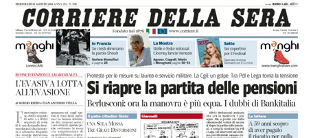 Le prime pagine di mercoledì 31 agosto 2011