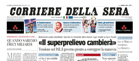 Le prime pagine di lunedì 15 agosto 2011