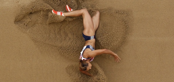 Britain's Jessica Ennis makes an attempt in the Heptathlon Long Jump at the World Athletics Championships in Daegu, South Korea, Tuesday, Aug. 30, 2011. (AP Photo/Kevin Frayer)