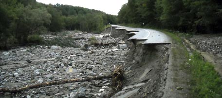 This photo released by the Central Vermont Public Service utility shows the washed out Route 4 in Mendon, Vt., Monday, Aug. 29, 2011, after the adjacent Mendon Brook overflowed when Tropical Storm Irene passed through Vermont Sunday. (AP photo/Central Vermont Public Service)