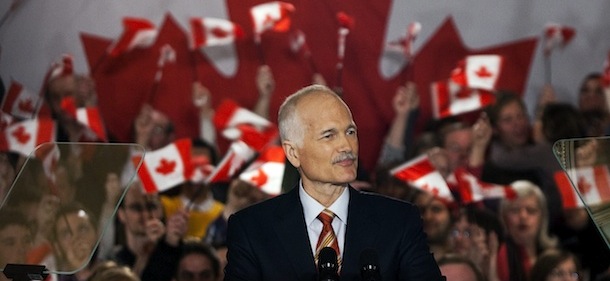 NDP Leader Jack Layton addresses supporters as he starts his election campaign in Ottawa on Saturday, March 26, 2011. Canada's fourth election campaign in the last seven years has kicked off with the leader of the main opposition party ruling out an opposition coalition government. Opposition parties brought down Prime Minister Stephen Harper's government in a no confidence vote Friday, triggering an election that polls show the Conservatives will win. (AP Photo/The Canadian Press, Andrew Vaughan)