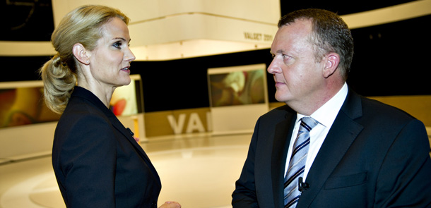 Helle Thorning-Schmidt (L), chairman of the Danish Social-Democratic Party, and Danish Prime Minister Lars Loekke Rasmussen of the Liberal Party, talk after a televised debate, on August 26, 2011. Rasmussen announced on August 26 that general elections will be held on September 15, 2011. AFP PHOTO / SCANPIX DENMARK / Keld Navntoft ***Denmark Out*** (Photo credit should read KELD NAVNTOFT/AFP/Getty Images)