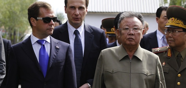 Russian President Dmitry Medvedev (L) and North Korea's leader Kim Jong-Il (R) walk during a meeting at Sosnovy Bor Military Garrison, Zaigrayevsky District, Buryatia outside Ulan-Ude on August 24, 2011. North Korea's leader Kim Jong-Il on Wednesday met Russian President Dmitry Medvedev in Siberia for secrecy-shrouded summit talks on energy and food aid. The talks got underway at a military base in Ulan-Ude some 5,550 kilometres (3,450 miles) east of Moscow. AFP PHOTO / RIA NOVOSTI / KREMLIN POOL / DMITRY ASTAKHOV (Photo credit should read DMITRY ASTAKHOV/AFP/Getty Images)