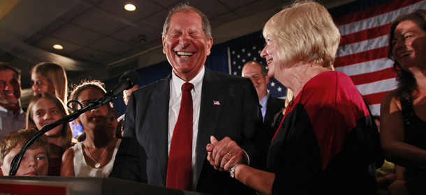 Bob Turner, center, joined by his wife Peggy, right, and family smiles as he delivers his victory speech during an election night party, Wednesday, Sept. 14, 2011 in New York. Turner says his win in a heavily Democratic New York City district is a &#8220;loud and clear&#8221; message to Washington. Turner defeated Democratic Assemblyman David Weprin on Tuesday to succeed Anthony Weiner who resigned amid a sexting scandal. It&#8217;s the first time a Republican has been elected in the district. (AP Photo/Mary Altaffer)
