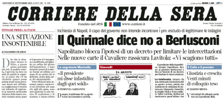 Le prime pagine di giovedì 15 settembre 2011