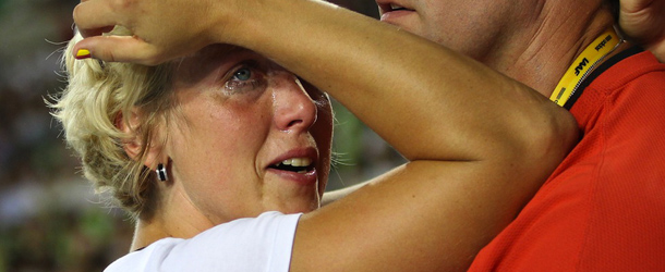 Germany's Christina Obergfoll cries after the end of the women's javelin final at the International Association of Athletics Federations (IAAF) World Championships in Daegu on September 2, 2011. Obergfoll missed the medals coming fourth. AFP PHOTO / ADRIAN DENNIS (Photo credit should read ADRIAN DENNIS/AFP/Getty Images)