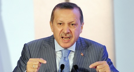 Turkish Prime Minister Recep Tayyip Erdogan speaks at a press conference during the Palestinian ambassadors meeting with Palestinian President Mahmud Abbas in Istanbul on July 23, 2011. Mahmud Abbas said that the Palestinians' bid for UN membership was forced upon them by Israel's refusal to halt settlement building and end its occupation. AFP PHOTO / MUSTAFA OZER (Photo credit should read MUSTAFA OZER/AFP/Getty Images)