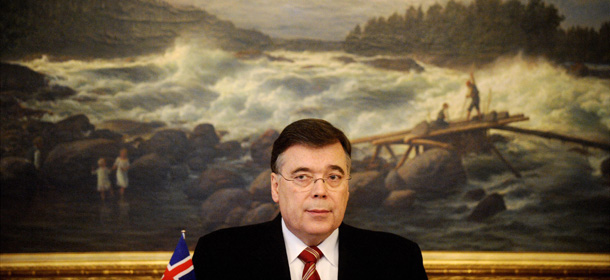 The Prime Minister of Iceland Geir H. Haarde speaks about his country's current economic situation at the Government Banquet Hall in Helsinki,on October 27, 2008. Icelandic Prime Minister Geir Haarde said today he had asked his Nordic counterparts for monetary aid at a three-day summit in Helsinki to discuss the global financial crisis that has rocked Iceland. "We have put loan requests to all four Nordic (central) banks," Haarde told a press conference in the Finnish capital, where he and the prime ministers of Denmark, Finland Norway and Sweden were discussing the financial turmoil. "I am not ready to tell in detail what we have requested," he said, adding "I do not want to put pressure on my colleagues." AFP PHOTO - LEHTIKUVA / Antti Aimo-Koivisto *** FINLAND OUT *** (Photo credit should read ANTTI AIMO-KOIVISTO/AFP/Getty Images)