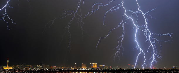 Lightning flashes during a thunderstorm early on September 13, 2011 in Las Vegas, Nevada. Stormy weather is expected to continue through Thursday.
