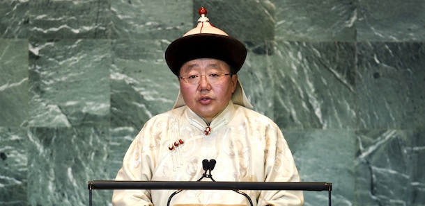 Elbegdorj Tsakhia, President of Mongolia, addresses the General Debate of the 66th General Assembly session September 21, 2011 at the United Nations in New York. AFP PHOTO / DON EMMERT (Photo credit should read DON EMMERT/AFP/Getty Images)
