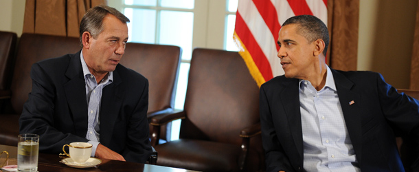 US President Barack Obama speaks with US Speaker of the House John Boehner during a meeting in the Cabinet Room at the White House in Washington, DC, on July 23, 2011. Obama summoned top lawmakers for crisis talks Saturday on averting an August debt default that could send shockwaves through the fragile global economy. With an August 2 deadline fast approaching, Obama warned that polarized lawmakers must have a plan for raising the $14.3 trillion US debt ceiling by the time world markets pass judgment Monday on the stalemate. AFP Photo/Jewel Samad (Photo credit should read JEWEL SAMAD/AFP/Getty Images)