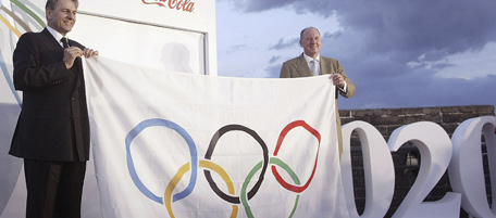 BEIJING - AUGUST 1: (CHINA OUT) International Olympic Committee (IOC) President Jacques Rogge (L) presents a Five-ring Olympic Flag to Neville Isdell, chairman and CEO of the Coca-Cola Company during a signing ceremony to extend Coca-Cola's partnership with the Olympic Games at the Great Wall on August 1, 2005 in Beijing, China. The US soft drinks giant will extend its Olympic sponsorship for an unprecedented 12-year stretch through 2020. The renewal of the partnership extends their continuous relationship which began in 1928 to 92 years. (Photo by China Photos/Getty Images) *** Local Caption *** Jacques Rogge;Neville Isdell