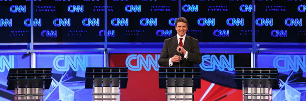 TAMPA, FL &#8211; SEPTEMBER 12: Republican presidential candidate Gov. Rick Perry at his podium during a break in the presidential debate sponsored by CNN and The Tea Party Express at the Florida State fairgrounds on September 12, 2011 in Tampa, Florida. The debate featured the eight candidates ten days before the Florida straw poll. (Photo by Win McNamee/Getty Images)
