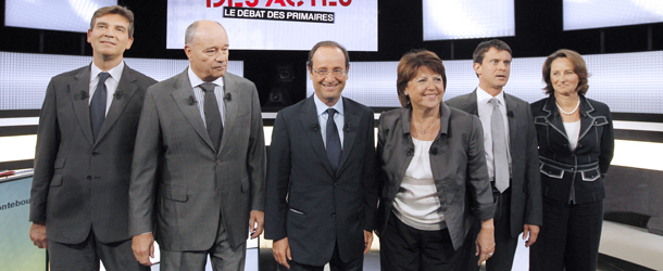 (LtoR) French candidates for the 2011 Socialist party (PS) primary elections before France&#8217;s 2012 presidential election, Arnaud Montebourg, Jean-Michel Baylet, Francois Hollande, Martine Aubry, Manuel Valls and Segolene Royal take part in a televised debate on French TV channel France 2 on September 15, 2011 in Paris. Candidates are to explain their projects and their differences and try to persuade voters to pick them in next month&#8217;s US-style primary &#8212; the first of its kind in France. AFP PHOTO / POOL / PATRICK KOVARIK (Photo credit should read PATRICK KOVARIK/AFP/Getty Images)
