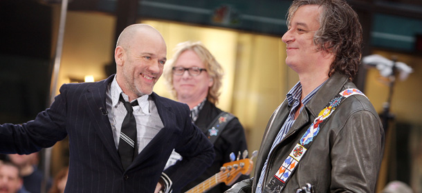 NEW YORK &#8211; APRIL 01: (L-R) Michael Stipe, Mike Mills, and Peter Buck of R.E.M. perform during the NBC &#8216;Today&#8217; show concert series at Rockefeller Center on April 1, 2008 in New York City. (Photo by Scott Gries/Getty Images)
