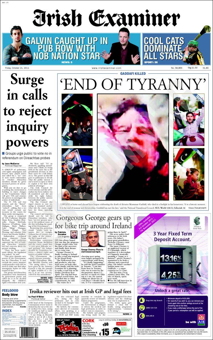 Le prime pagine di tutto il mondo sulla morte di Gheddafi Il Post