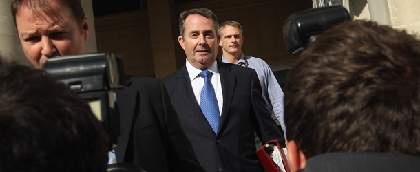 LONDON, ENGLAND &#8211; OCTOBER 10: Defence Secretary Liam Fox (C) leaves the Ministry of Defence building on October 10, 2011 in London, England. Mr Fox is to face questions from MP&#8217;s in the House of Commons over his working relationship with Adam Werritty. (Photo by Dan Kitwood/Getty Images)
