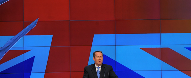 British Secretary of State for Defence Liam Fox addresses delegates during the final day of the Conservative Party Conference in Manchester, north-west England, on October 5, 2011. AFP PHOTO/ANDREW YATES (Photo credit should read ANDREW YATES/AFP/Getty Images)
