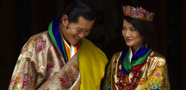 PUNAKHA, BHUTAN &#8211; OCTOBER 13: His majesty King Jigme Khesar Namgyel Wangchuck, 31 and the Queen Jetsun Pema, 21, walk out after their marriage ceremony is completed on October 13, 2011 in Punakha, Bhutan. The Dzong is the same venue that hosted the King&#8217;s historic coronation ceremony in 2008. The Oxford-educated king is popular in the country and the ceremony will be followed by celebration in the capital and countryside. (Photo by Paula Bronstein/Getty Images)
