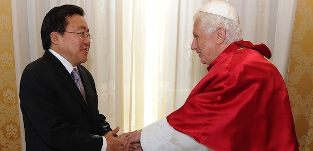 Pope Benedict XVI (R) welcomes on October 17, 2011 Mongolian President Tsakhiagiin Elbergdorj before a private audience in his private library at Vatican. AFP PHOTO/POOL /MAURIZIO BRAMBATTI (Photo credit should read MAURIZIO BRAMBATTI/AFP/Getty Images)

