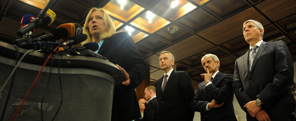 Slovak Prime Minister Iveta Radicova (L) and political leaders Christian Democrats Jan Figel (2nd L), Slovak Democratic Christian Union (SDKU) Mikulas Dzurinda (C), Most-Hid, Bela Bugar (R) gives press briefing after a parliamentary session on the eurozone&#8217;s rescue fund on October 11, 2011 in Bratislava. Slovakia&#8217;s lawmakers rejected a revamp of the eurozone&#8217;s EFSF rescue fund in a crunch vote that also toppled the country&#8217;s centre-right government which had staked its future on the motion. AFP PHOTO / SAMUEL KUBANI (Photo credit should read SAMUEL KUBANI/AFP/Getty Images)
