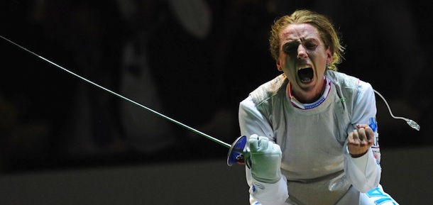 Italy&#8217;s Valentina Vezzali celebrates defeating France&#8217;s Corinne Maitrejean during the quarter-finals of the Women&#8217;s Foil competition at the 2011 World Fencing Championships in Catania on October 11, 2011. AFP PHOTO / GIUSEPPE CACACE (Photo credit should read GIUSEPPE CACACE/AFP/Getty Images)
