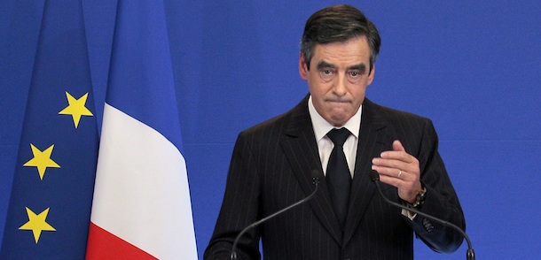 France&#8217;s Prime Minister Francois Fillon delivers a speech during a press conference on November 7, 2011 at the Hotel Matignon in Paris, to unveil austerity measures taken to keep the budget gap in check as Franceâs economy slows and its top credit rating comes under pressure amid Europeâs sovereign-debt crisis. AFP PHOTO JACQUES DEMARTHON (Photo credit should read JACQUES DEMARTHON/AFP/Getty Images)
