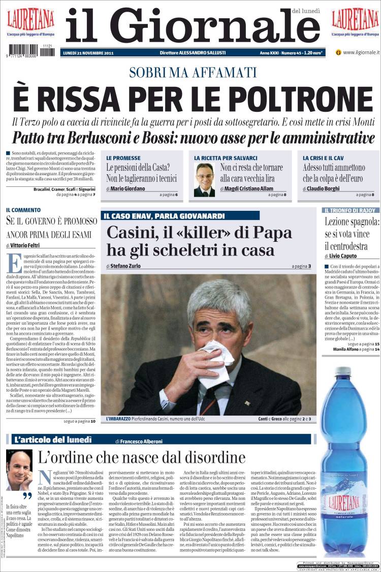 Le prime pagine di lunedì 21 novembre 2011 Il Post