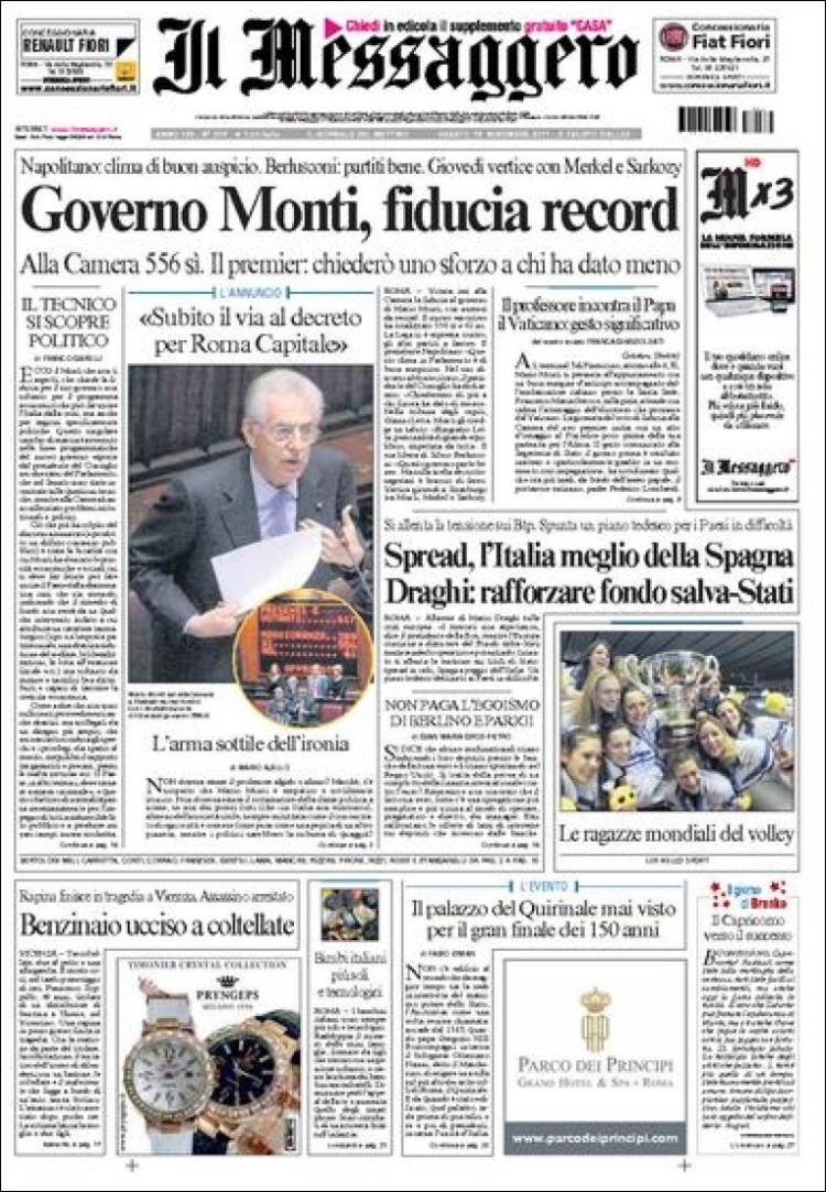 Le prime pagine di sabato 19 novembre 2011 Il Post