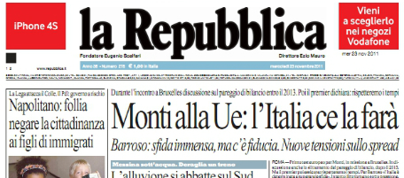 Le prime pagine di mercoledì 23 novembre 2011